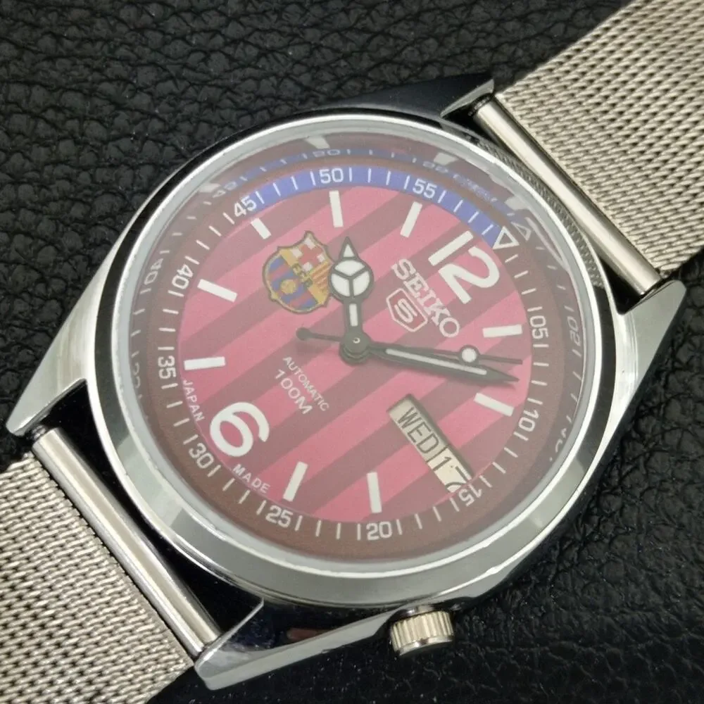 Vintage 1982 FCB Seiko Automatic Mens Silver Watch W/daydate & Red accents